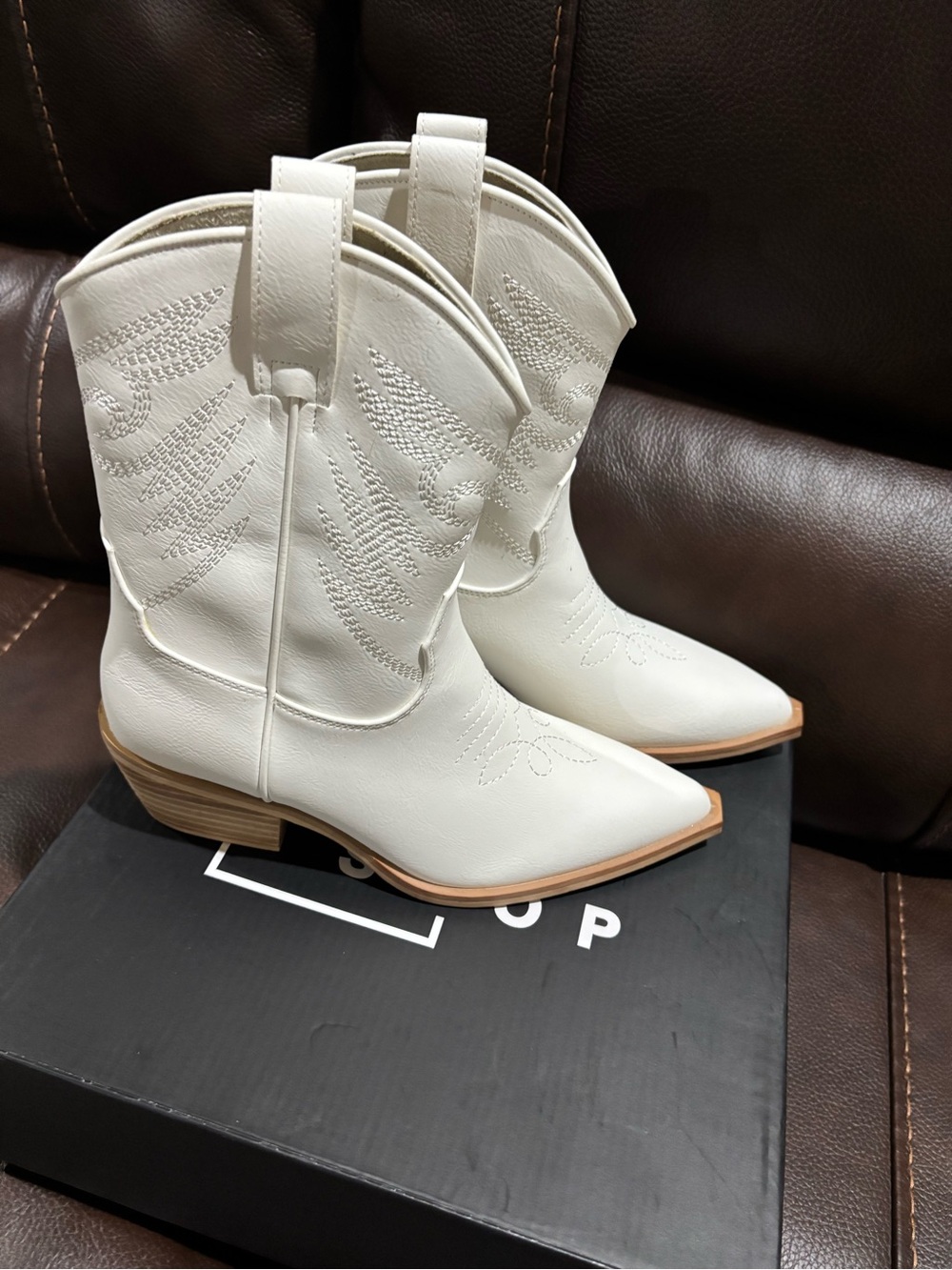 ShuShop White Western Ankle Boots with Stacked Heel